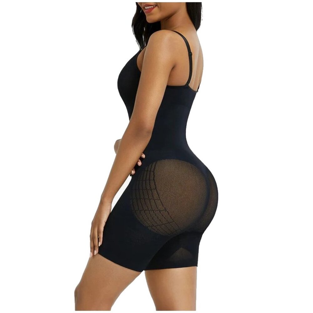 Superfit Knee Length Open Gusset & Sheer Mesh Butt Seamless Sculpting Bodysuit